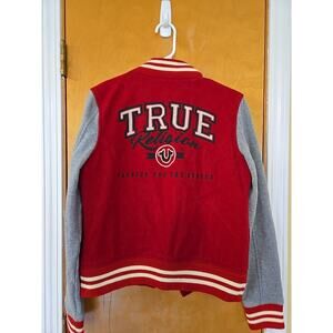 True Religion Varsity Jacket Medium Red Gray Wool Jersey Sleeves Y2K RARE